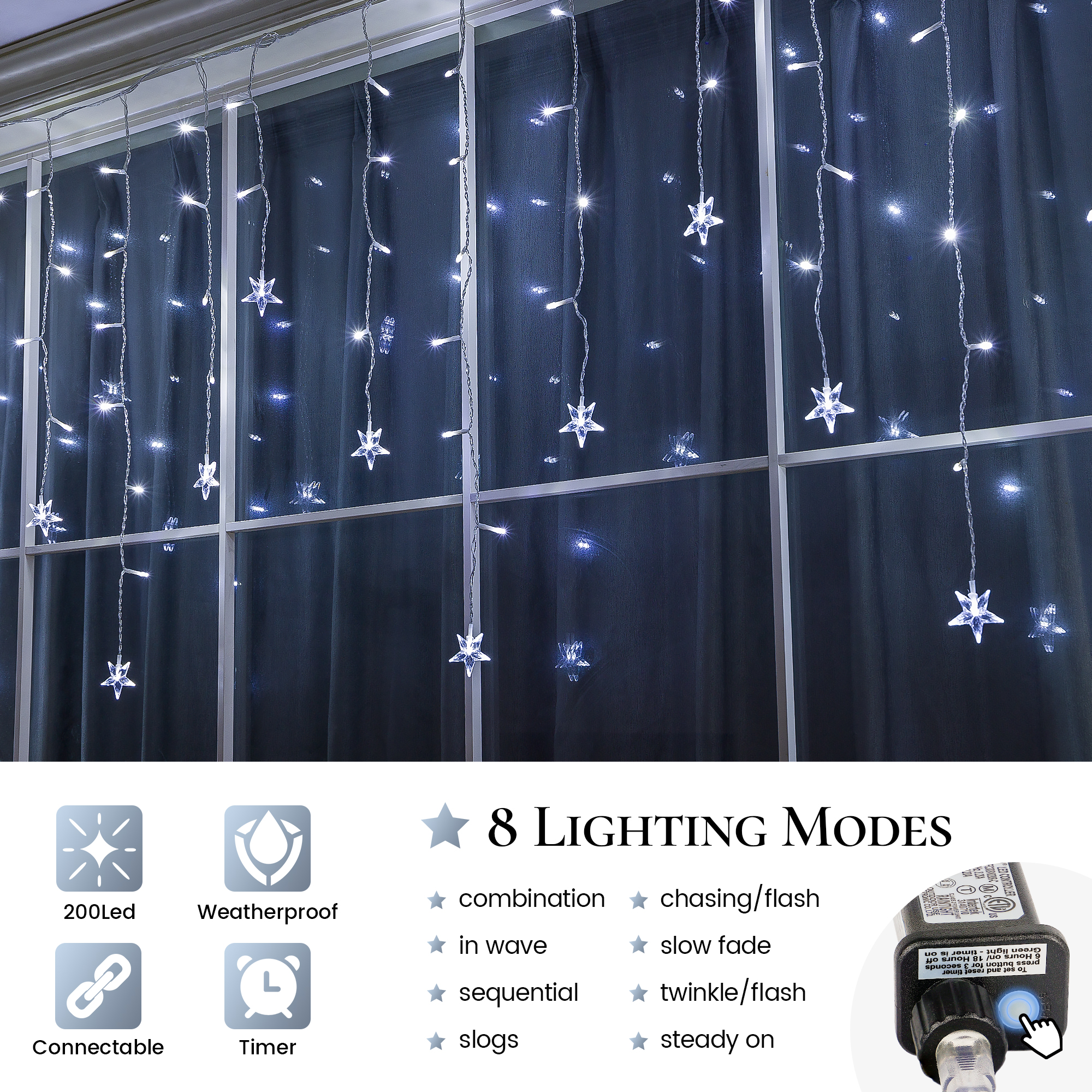 40 gotas de fio branco Twinkle Star Iciclelights