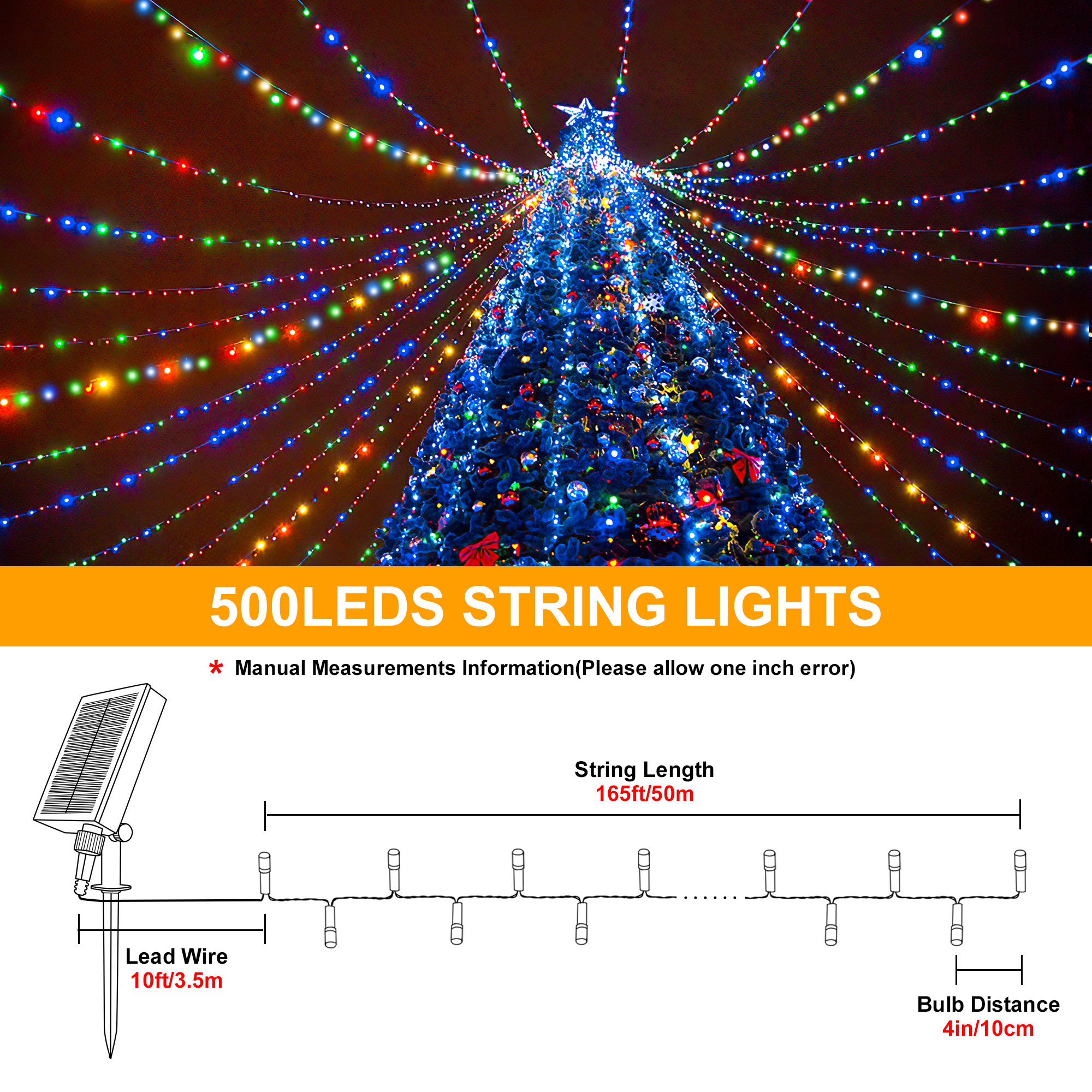 Luzes de corda solares 500LED 165FT