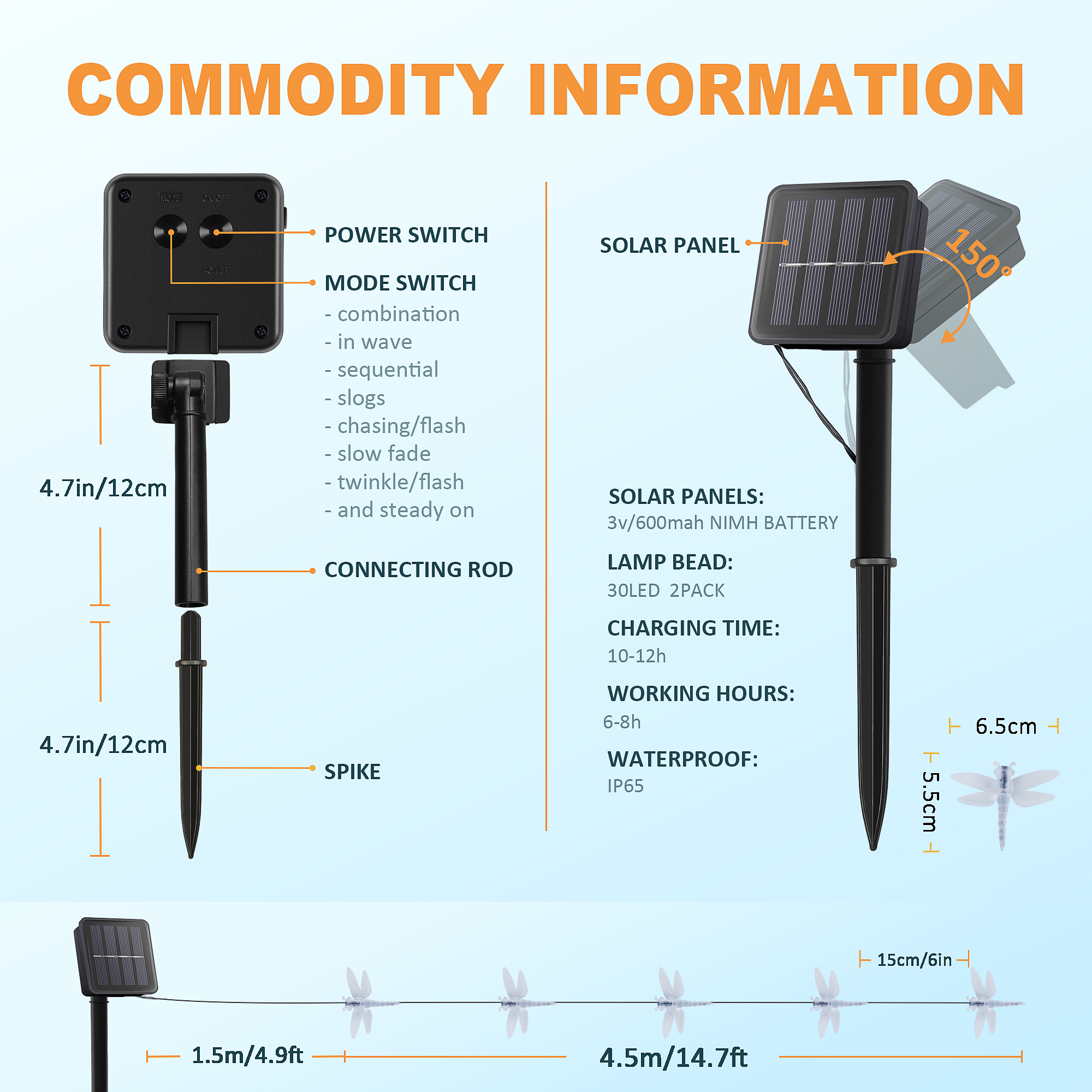 Luz de corda solar de libélula para jardim