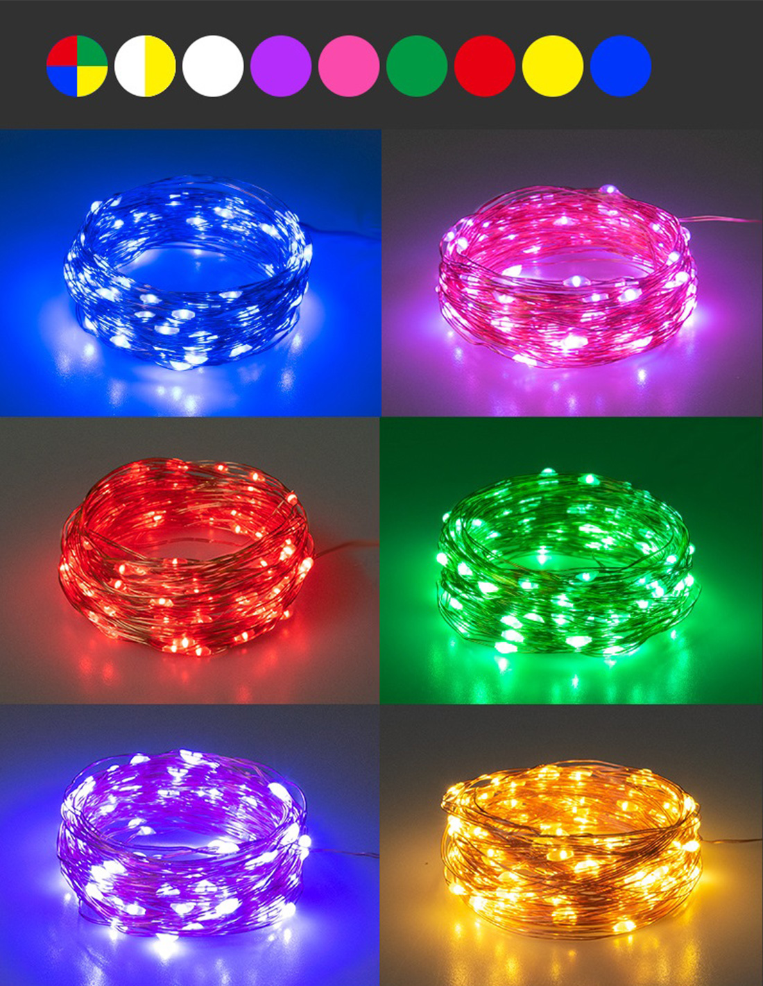 Imagem colorida de mini luzes de fadas LED a pilhas