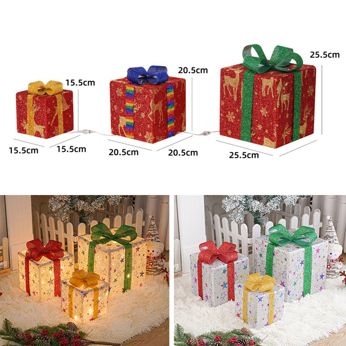 Imagem de tamanho de caixas de presente de decorações de Natal de 3 pacotes