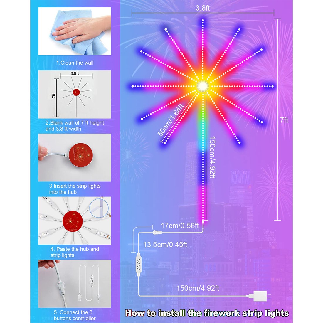 Tamanho das luzes de tira de fogos de artifício LED inteligentes RGB introduzido