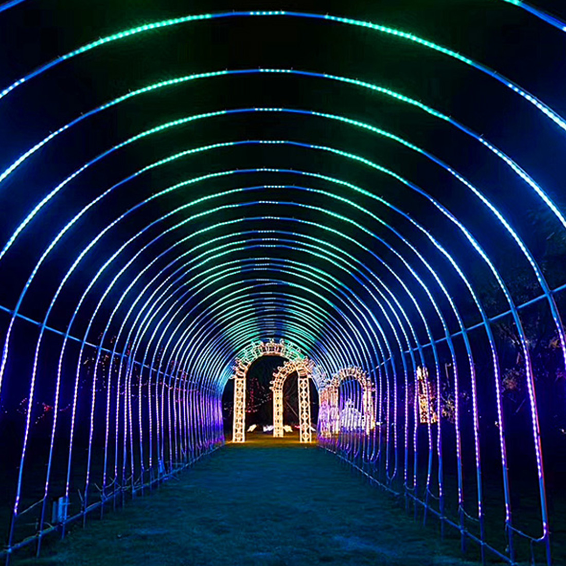 Imagem de cena de luzes em arco em forma de coração de Natal ao ar livre