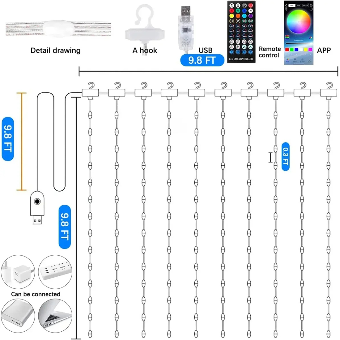 Imagem de exibição de tamanho de luzes de cortina LED Smart RGB