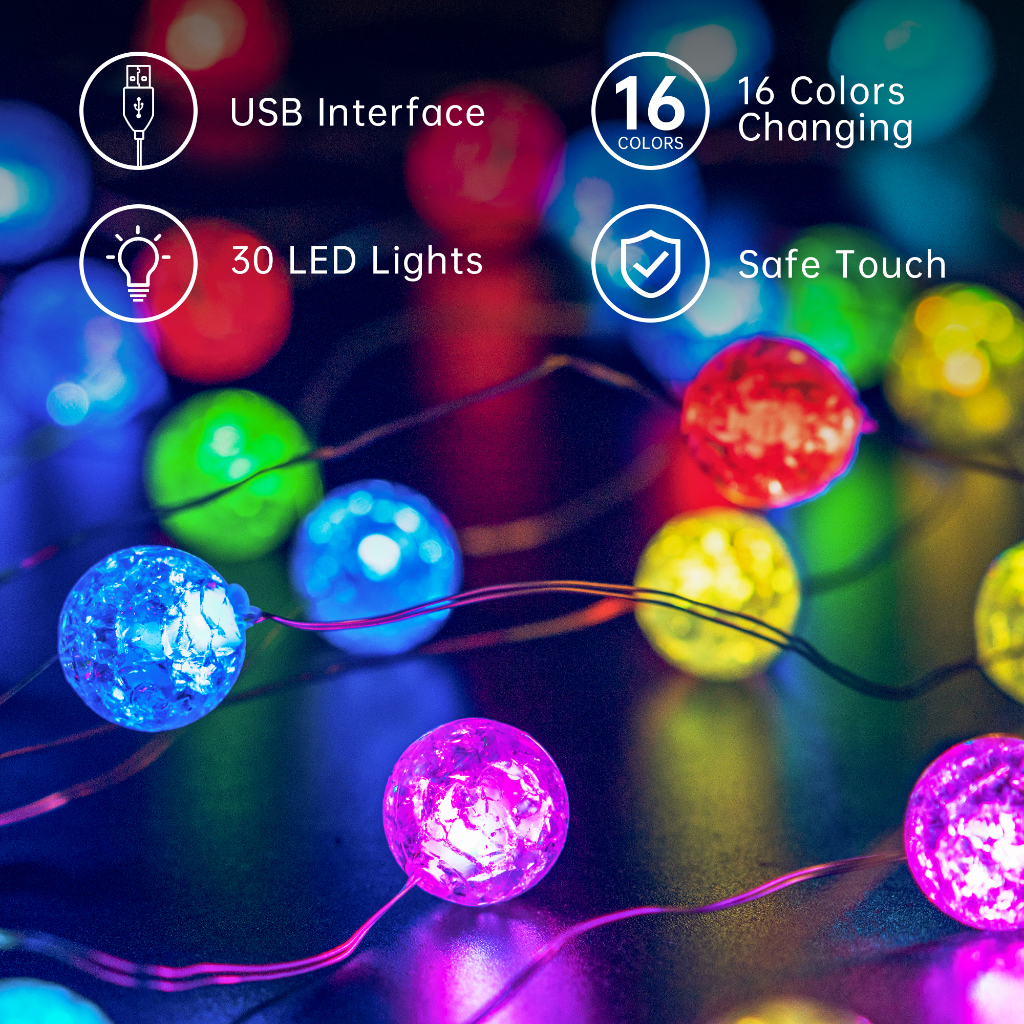  30 luzes de corda LED globo de cristal