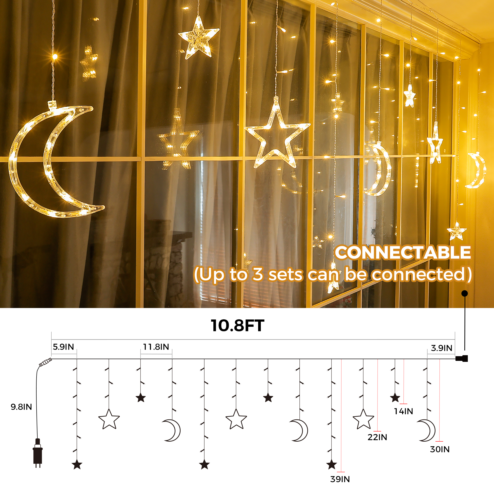 Luz da cortina da estrela da lua Moodes Tamanho Descrever