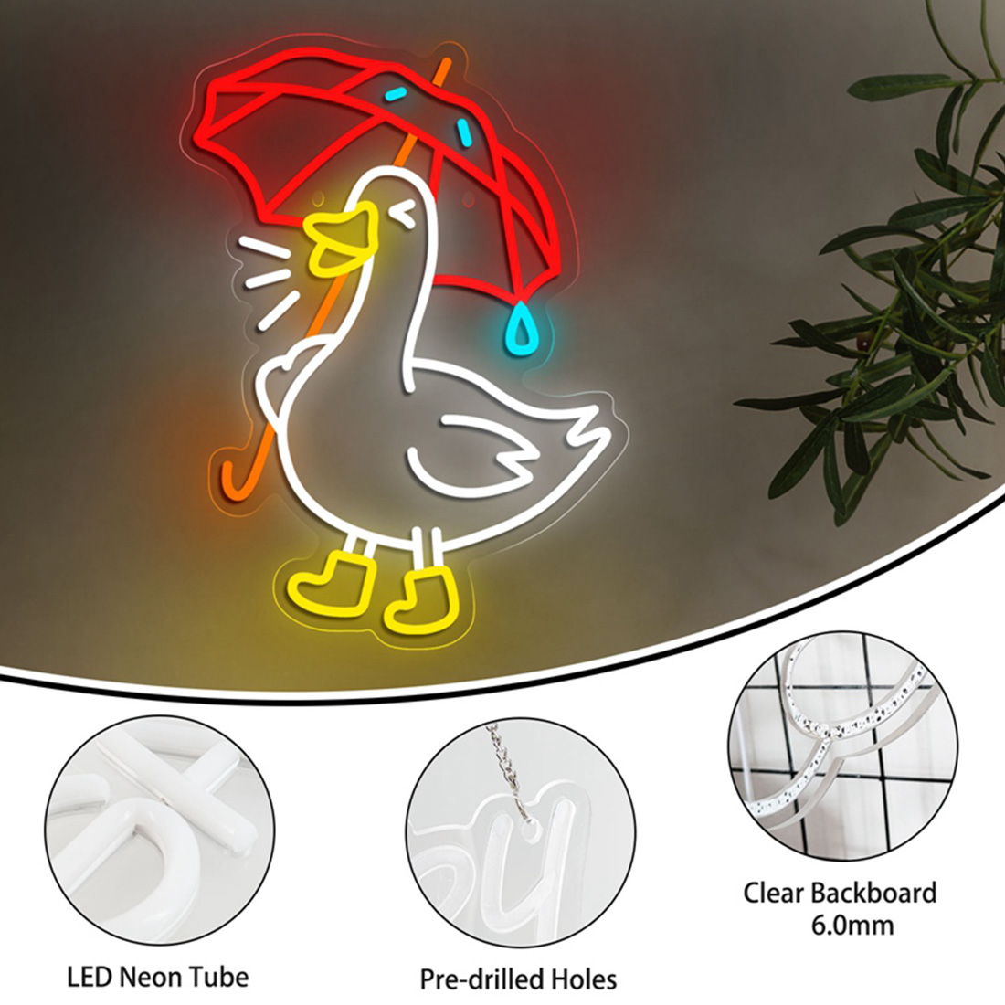 Pato guarda-chuva fofo LED neon iluminado 