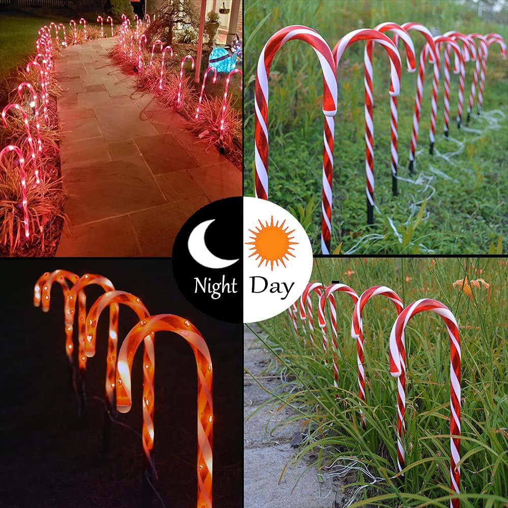 Candy Cane Pathway Stakes ilumina imagem de comparação dia e noite