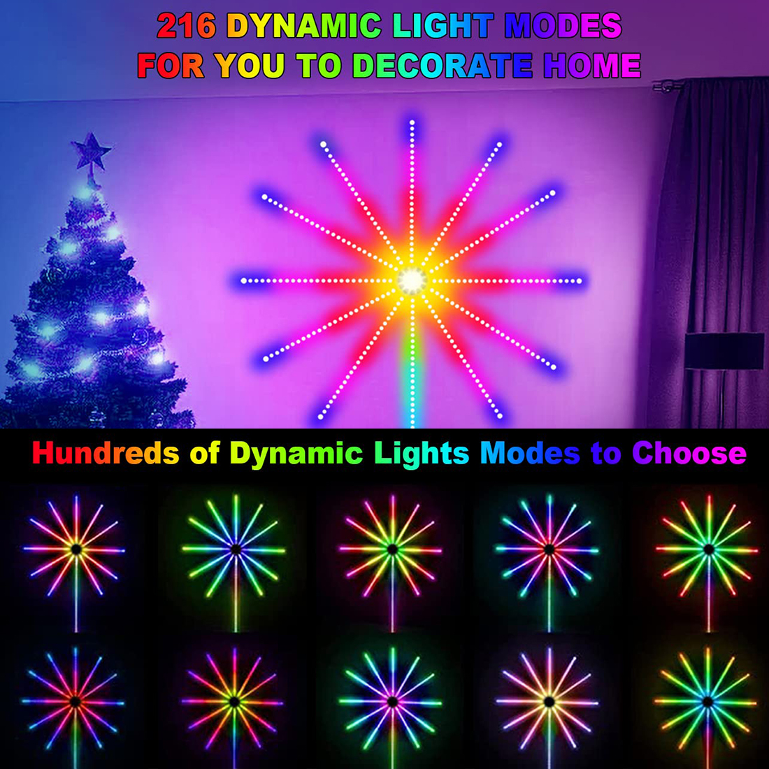 Modos de luzes de tira de fogos de artifício LED inteligentes RGB mostram