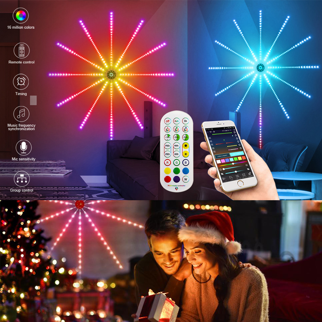 Luzes de tira de fogos de artifício LED inteligentes RGB