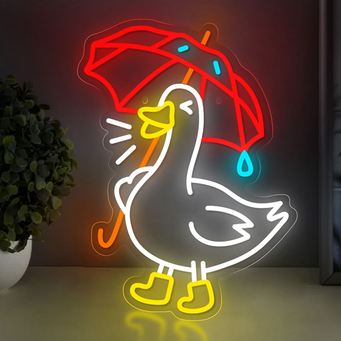 Imagem fofa de pato guarda-chuva com iluminação neon LED